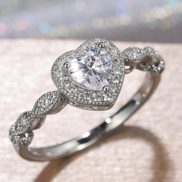 😍Sweet Pure Heart CZ Fashion Shiny Diamonds Silver Plated Heart Ring, K888 - Picture 9 of 9